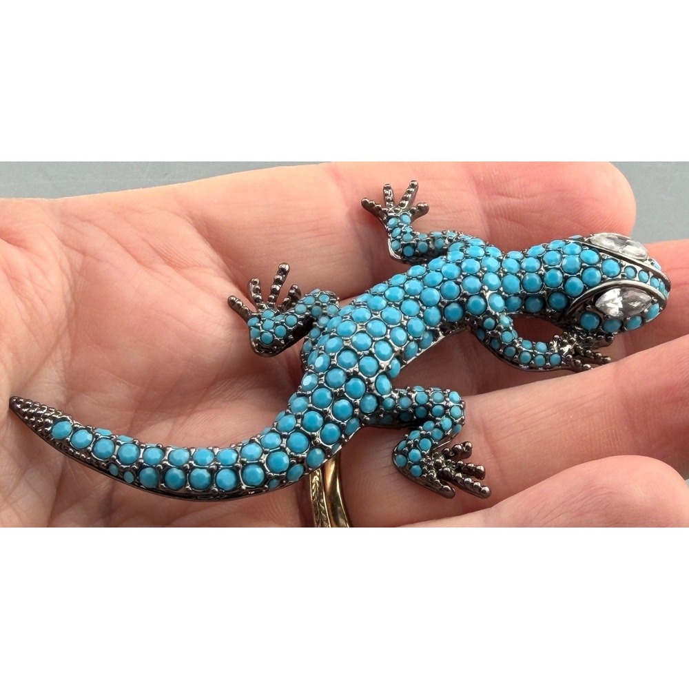 Joan Rivers Gecko Lizard Brooch Blue Rhinestones Figural 3.5" Signed